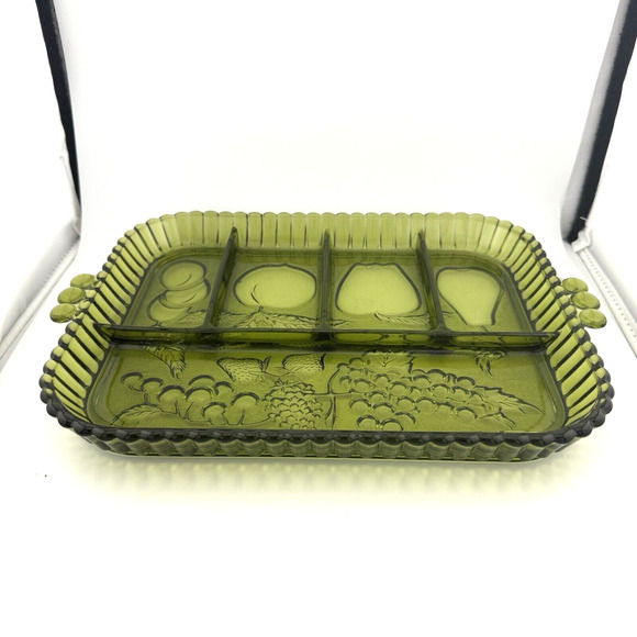VTG Indiana Glass Green 5 Part EUC Divided Relish Fruit Design Tray 11"x9" - Picture 8 of 10